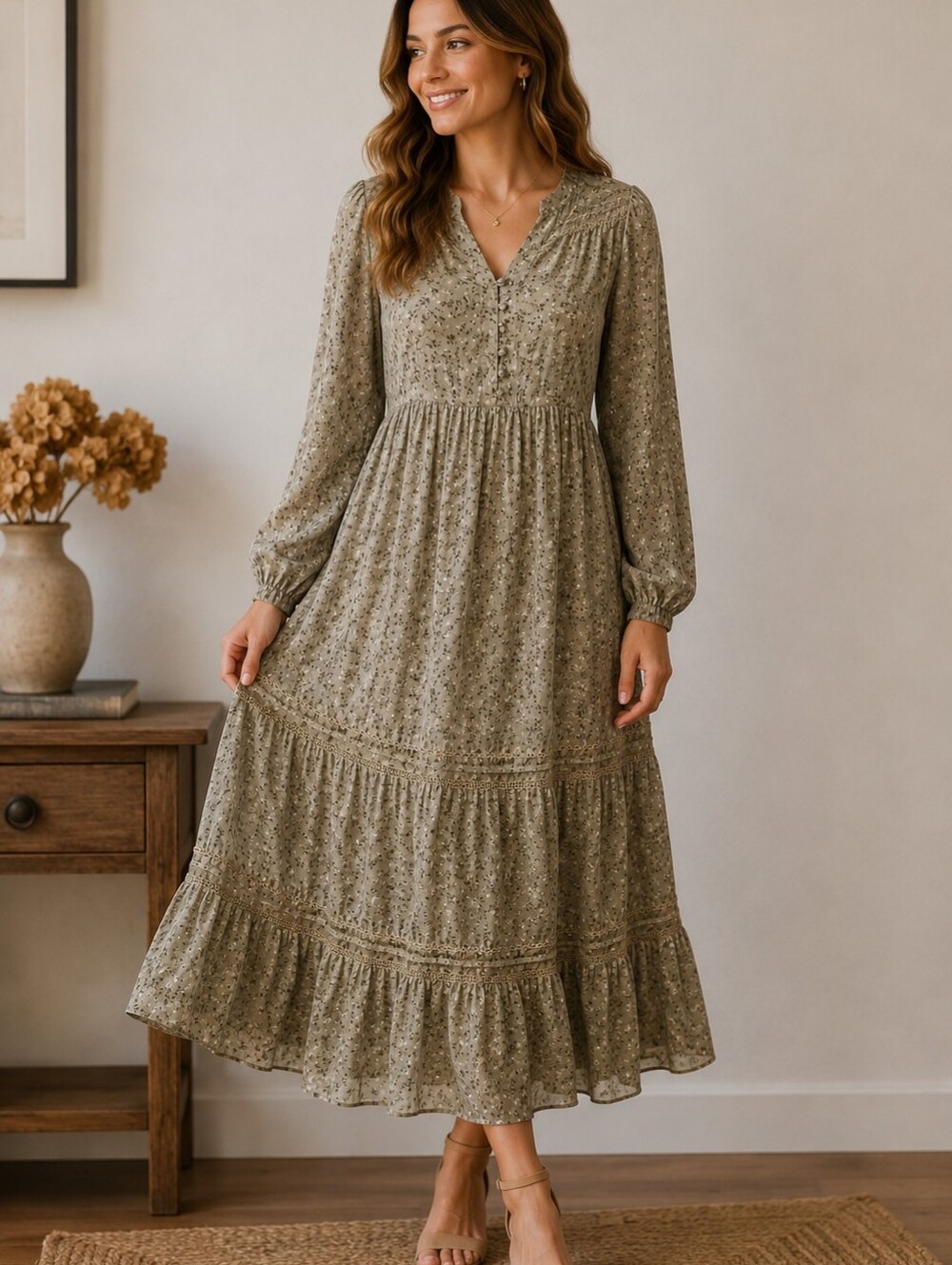 Sowears Olive Green Modest Cottagecore L Sleeve Tiered Midi Dress. Small
